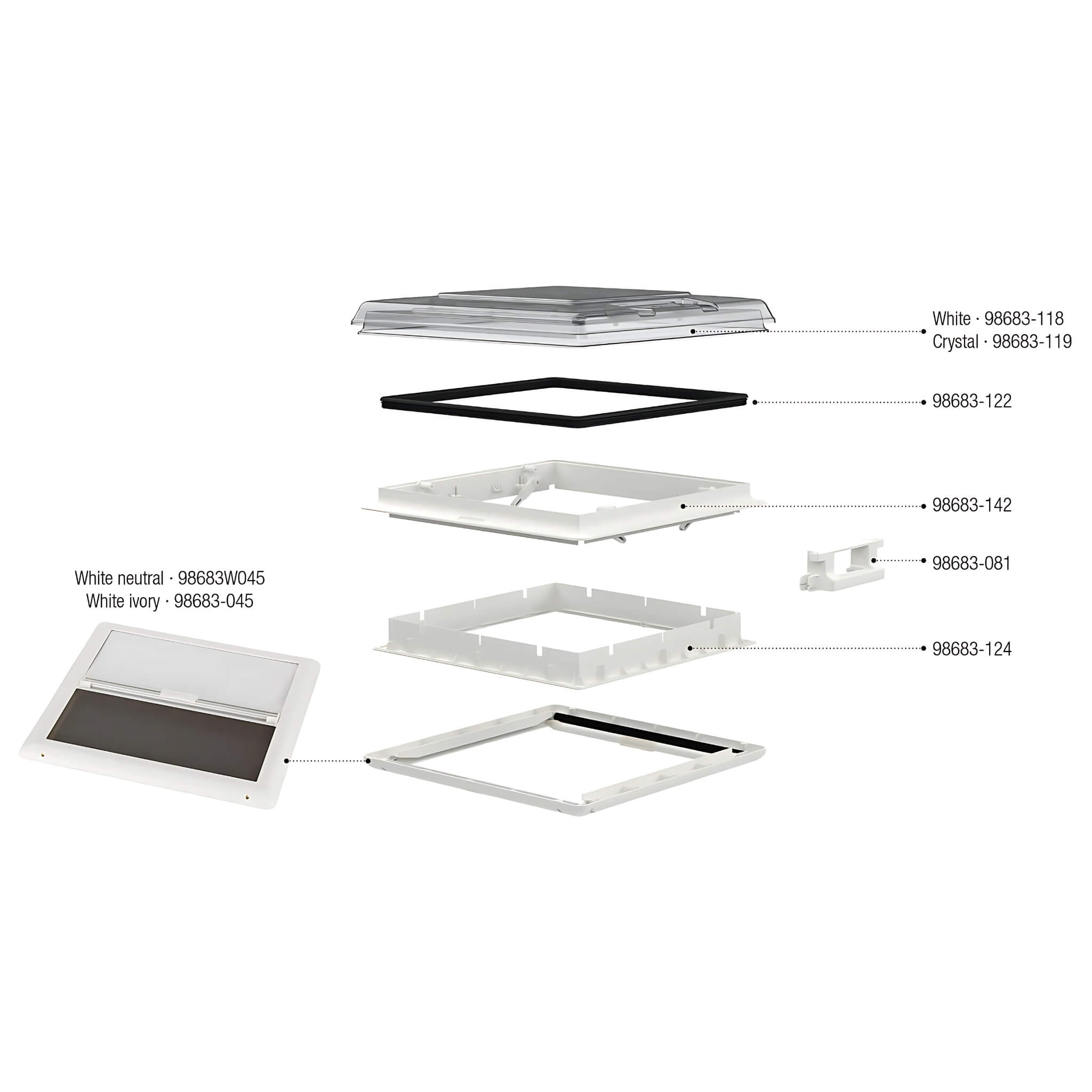 Lanterneau Fiamma Vent 50 blanc 3 Vue eclatée, store fiamma vent 50