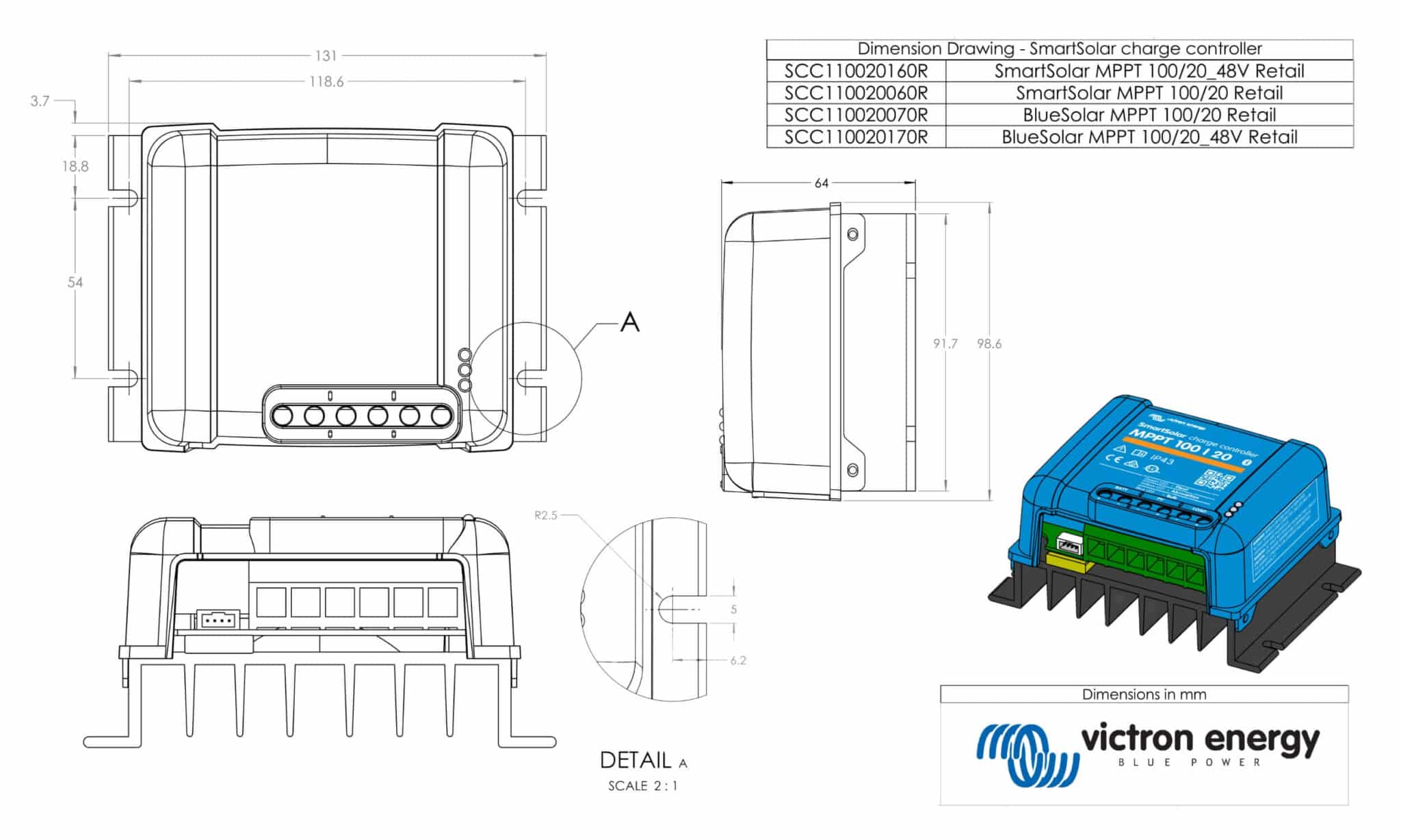 Bluesolar MPPT 100 20 dimensions