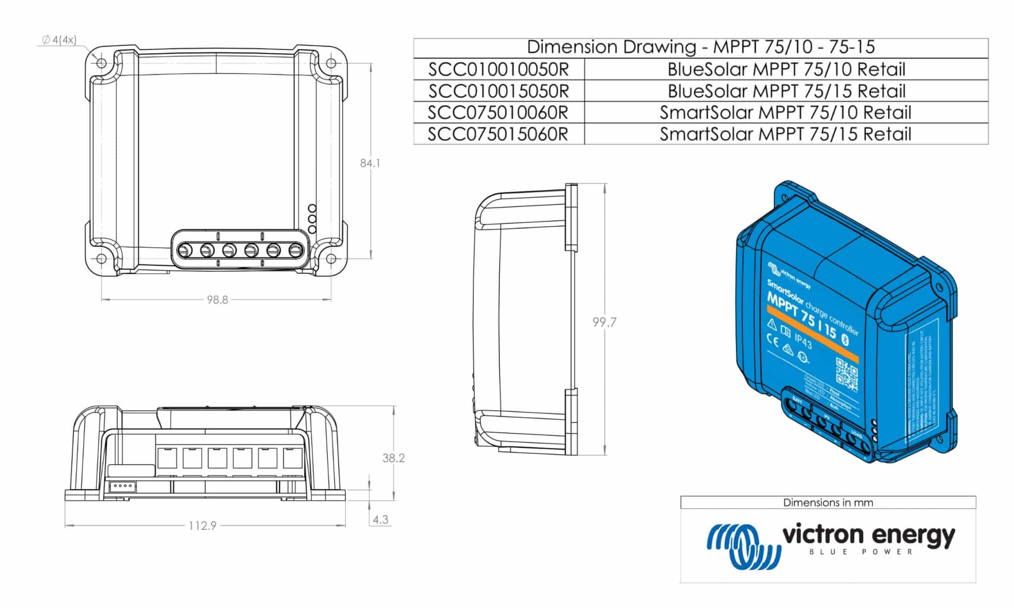 MPPT BlueSolar 75/10 Victron 145W 6 Bluesolar MPPT 75 10 dimensions