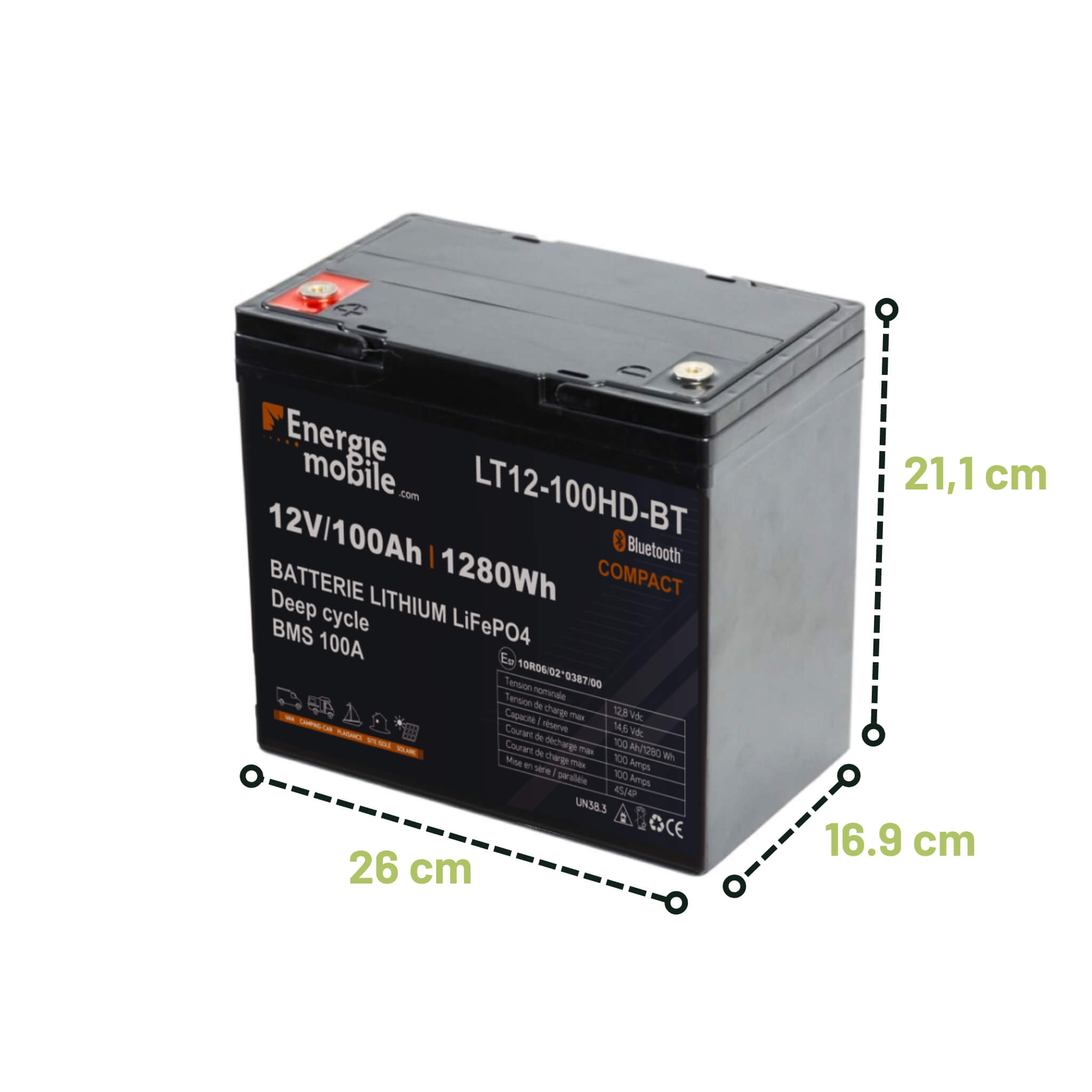 Batterie Lithium 100A Compact Energie Mobile 3 Dimensions batterie lithium compacte 100A pour van aménagé