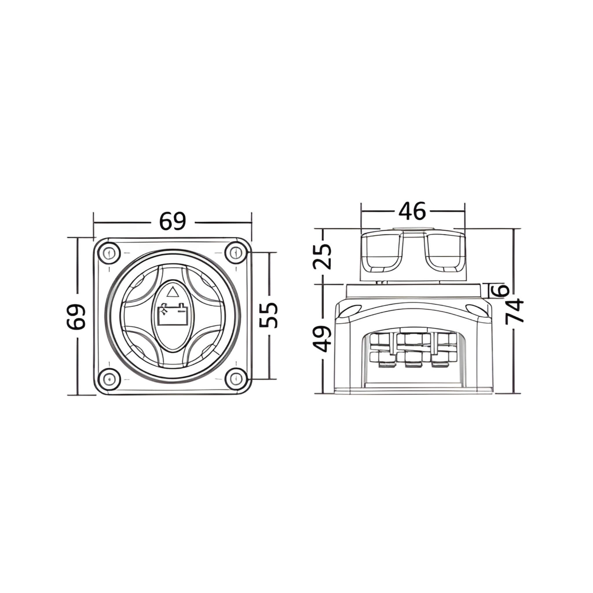 Coupe Circuit avec clé amovible 300A Osculati 5 Schéma technique des dimensions du coupe-circuit Osculati 300A