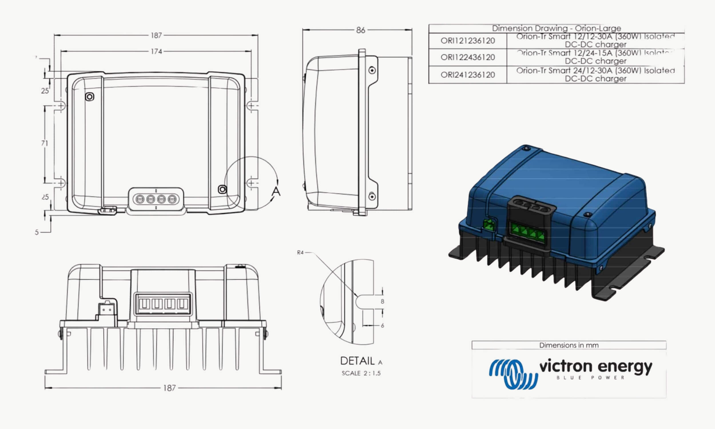 Chargeur Orion-Tr Smart 12/12 30A isolé Victron Energy 4 dimensions DCDC isolé 30A victron Energy