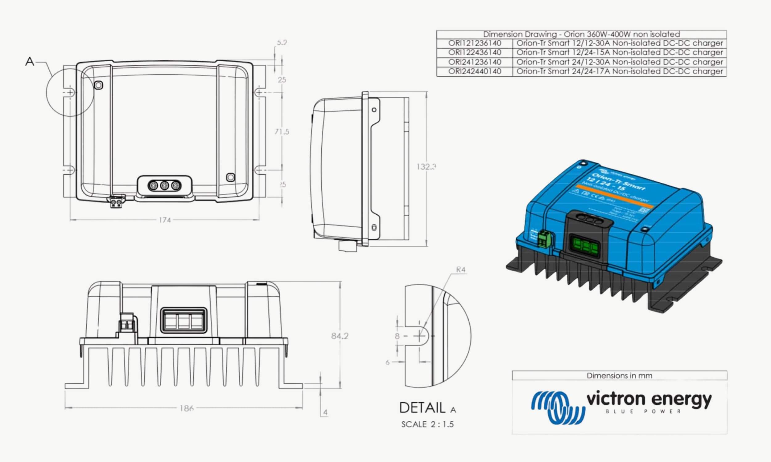 Schéma des dimensions du DCDC de chez Victron non isolé 30A