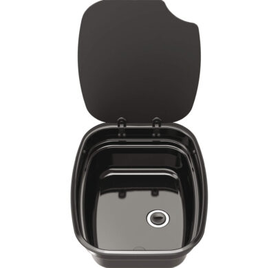 Évier encastrable Argent Bowl Thetford en email noir avec couvercle en verre trempé ouvert