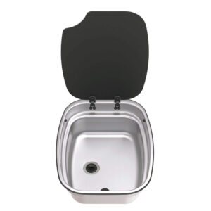 Évier encastrable Argent Bowl Thetford en Inox avec couvercle en verre trempé ouvert