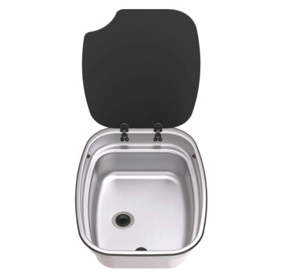 Évier encastrable Argent Bowl Thetford en Inox avec couvercle en verre trempé ouvert