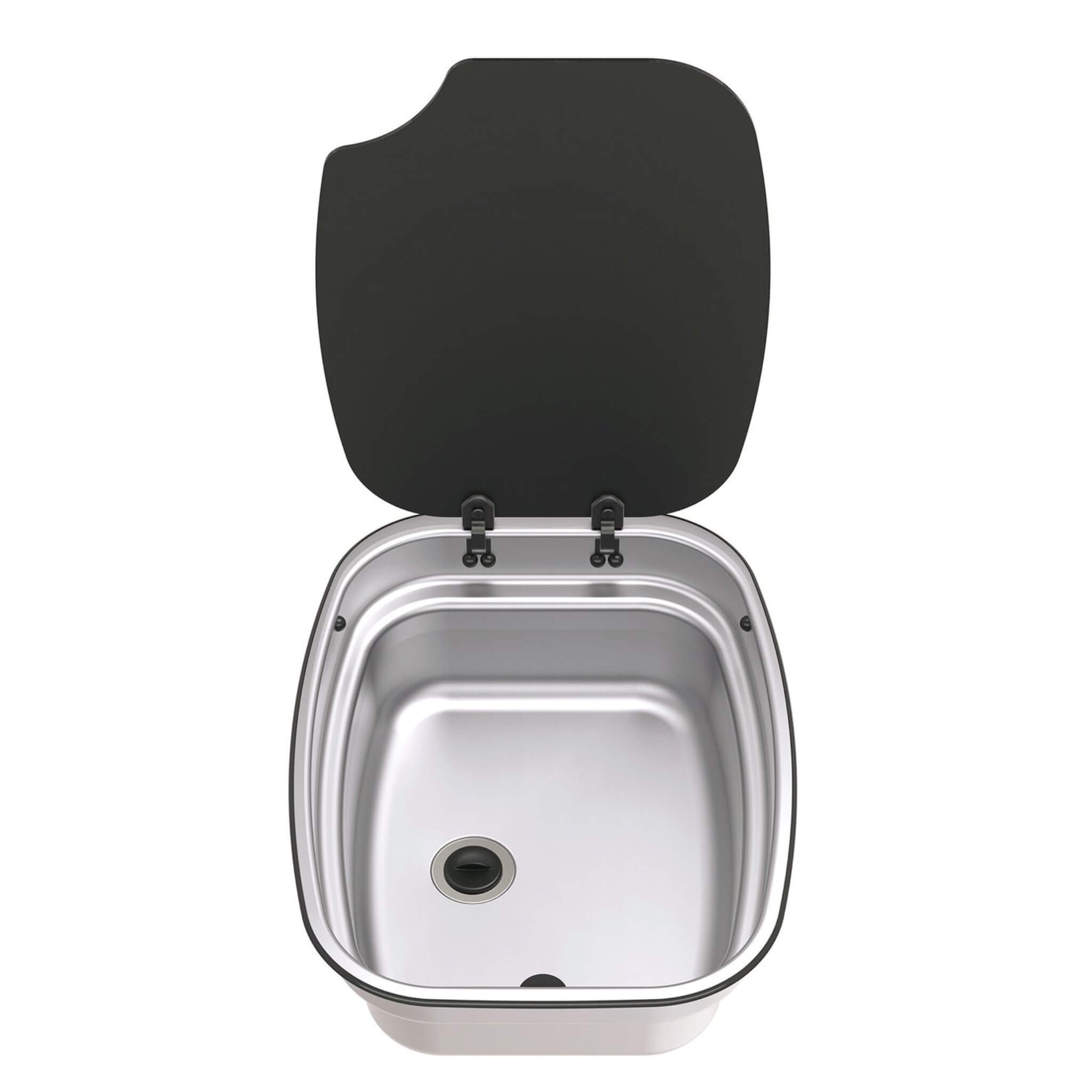 Évier Argent Bowl 9,5 L Inox avec Couvercle Thetford 1 Évier encastrable Argent Bowl Thetford en Inox avec couvercle en verre trempé ouvert