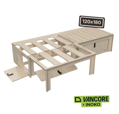Lit peigne modulable 120×180 avec tiroirs intégré dans un fourgon aménagé