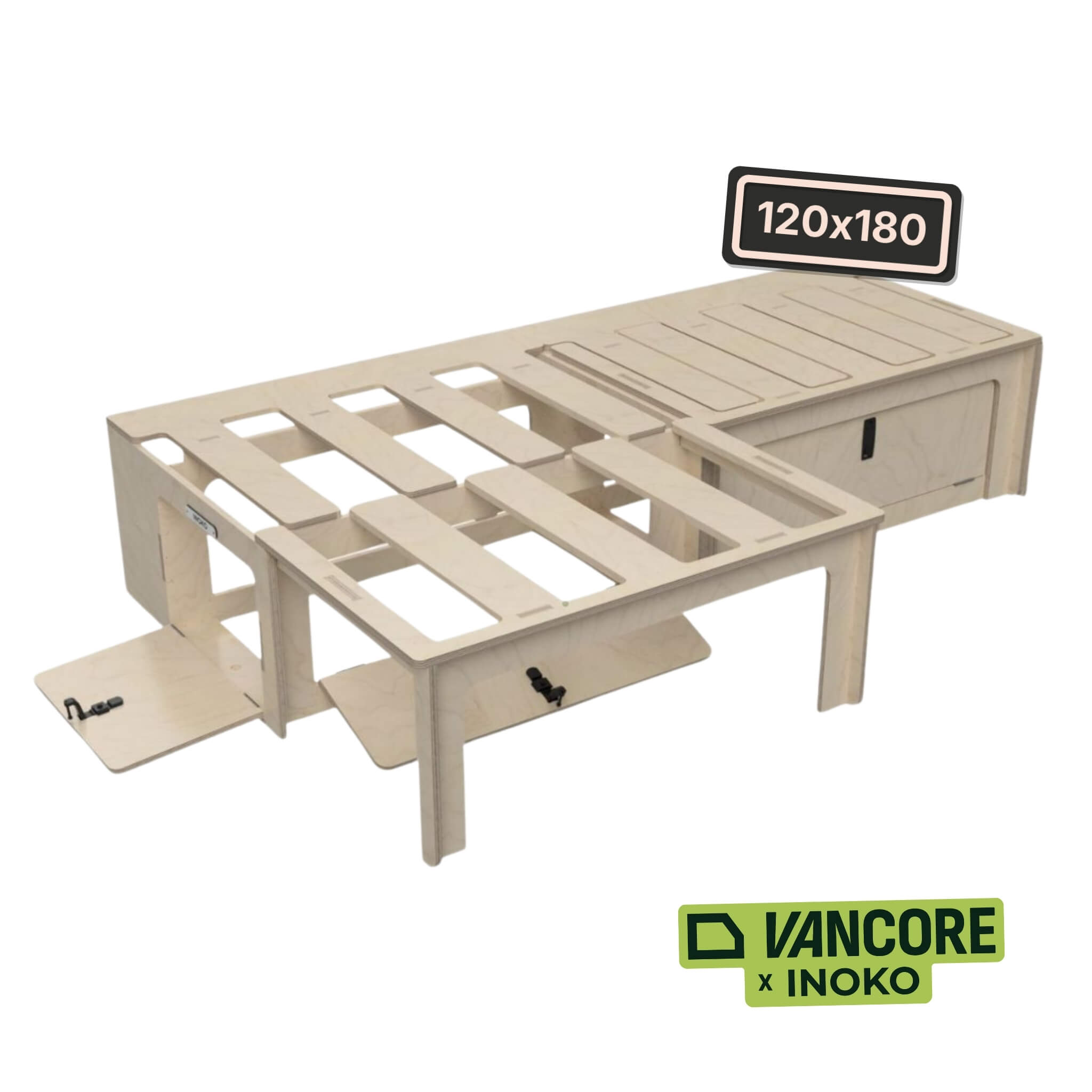 Lit Peigne 120 × 180 cm Inoko x Vancore 1 Lit peigne modulable 120×180 avec tiroirs intégré dans un fourgon aménagé