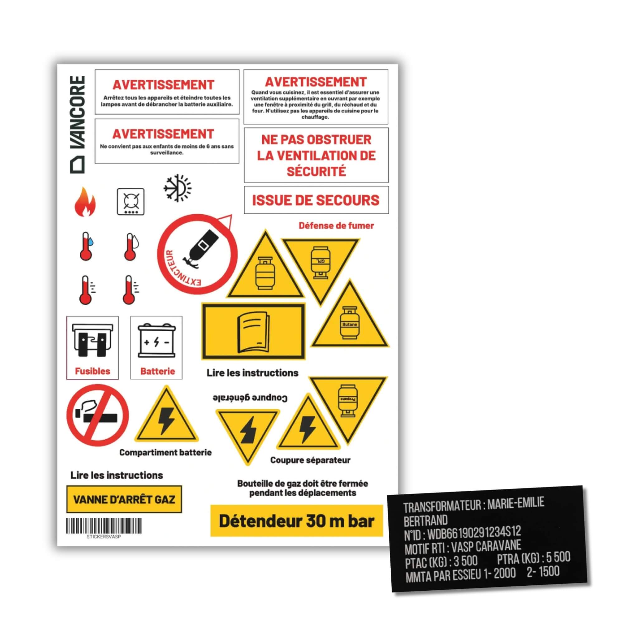 Kit Homologation VASP Complet : 34 stickers + Plaque de Transformation VASP 1 Kit homologation VASP DREAL avec stickers et plaque gravée