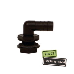 Raccord grand épaulement coudé cannelé en polypropylène avec filetage 20x27mm et partie cannelée pour tuyau 18/19mm