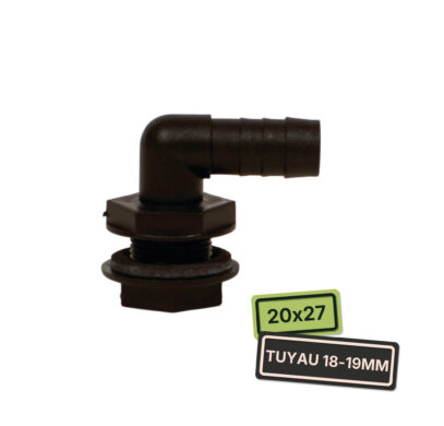 Raccord grand épaulement coudé cannelé en polypropylène avec filetage 20x27mm et partie cannelée pour tuyau 18/19mm