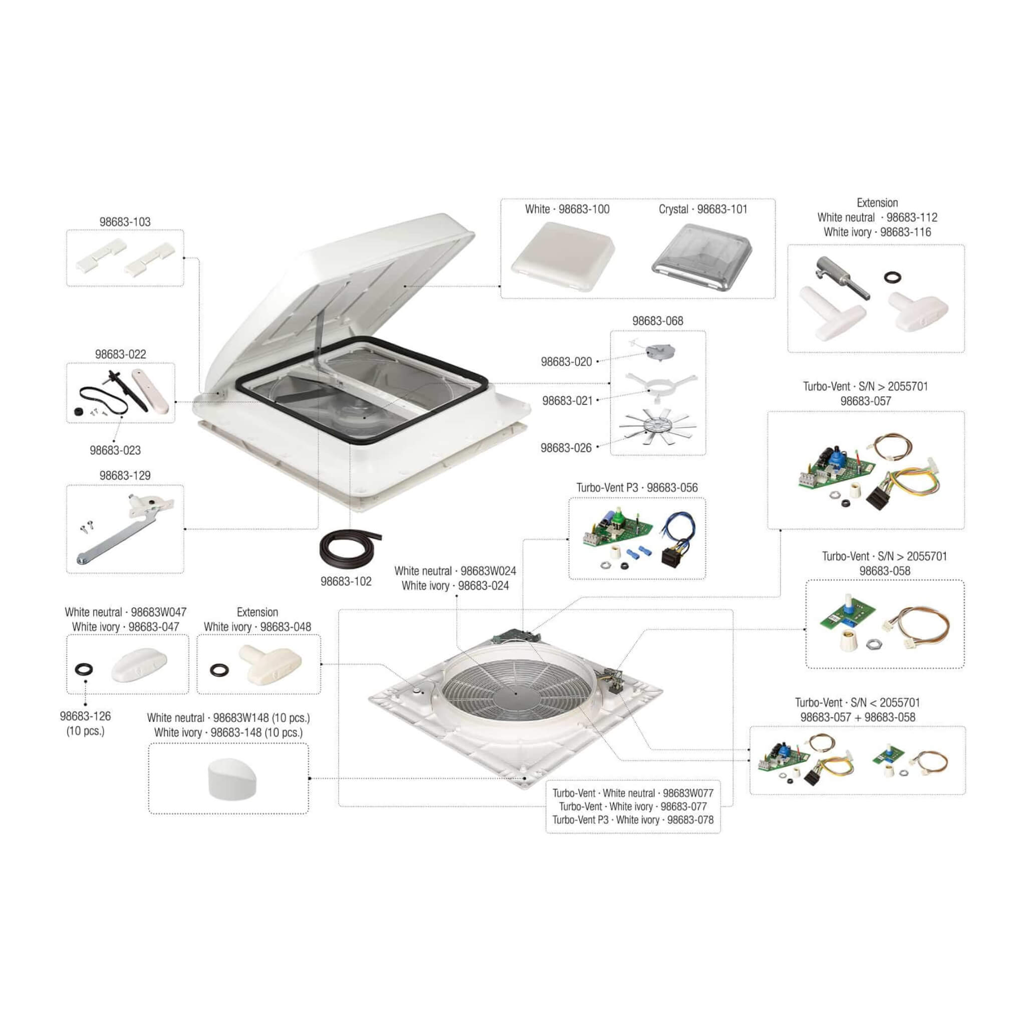 Lanterneau Fiamma Turbo Vent 40 Crystal 7 Pièces détachées, turbo vent, fiamma
