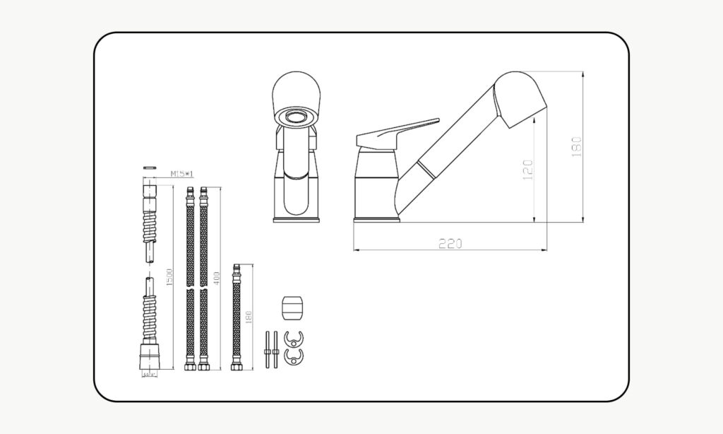 Mitigeur OLIVIA et douchette 1,2M Osculati 6 Schéma technique robinet mitigeur Olivia Osculati - dimensions hauteur bec et déport pour installation van aménagé