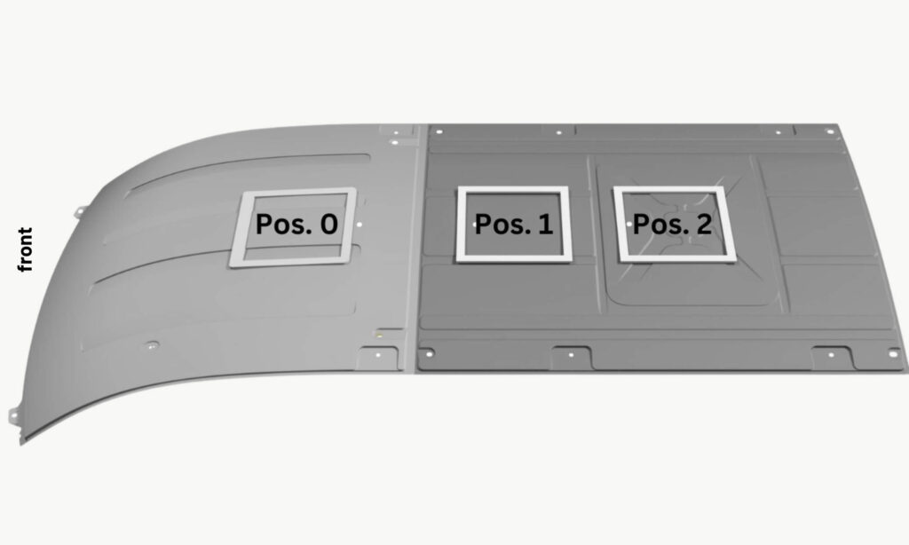 Cadre pour lanterneau 40×40 Ford transit à partir de 2014 Position 1 3 Schéma de positionnement et de découpe du cadre pour lanterneau 40×40 sur Ford Transit à partir de 2014 – position 1