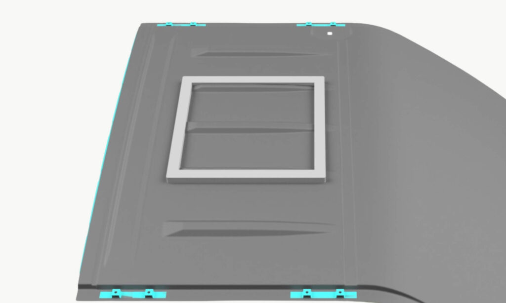 Schéma de positionnement et de découpe du cadre pour lanterneau 40×40 sur Renault Trafic III / NV300 / Talento / Vivaro B Position 1