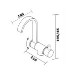 Schéma technique mitigeur Black Line Osculati - dimensions hauteur 195 mm, largeur 110 mm et rotation 180°